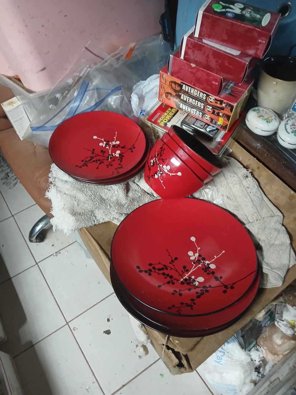red Asian Living A1Z3 Cherry Blossom Set Of 9 3 Bowls, Salad And Dinner Plates